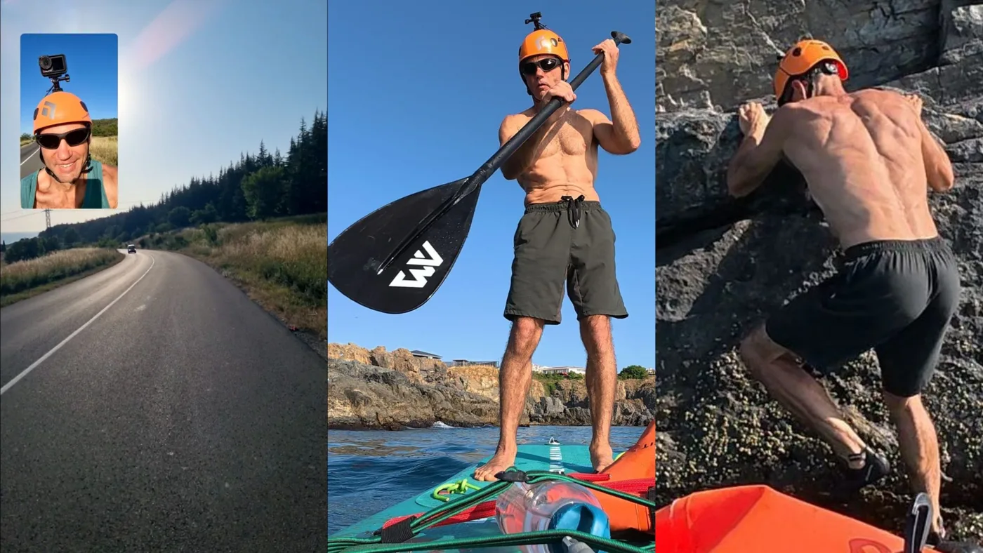 All three legs in one day: the road by bike, the paddle board, and climbing a cliff above the water